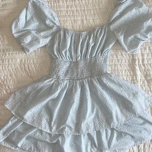 Light Blue Babydoll dress with ruching and puff sleeves
